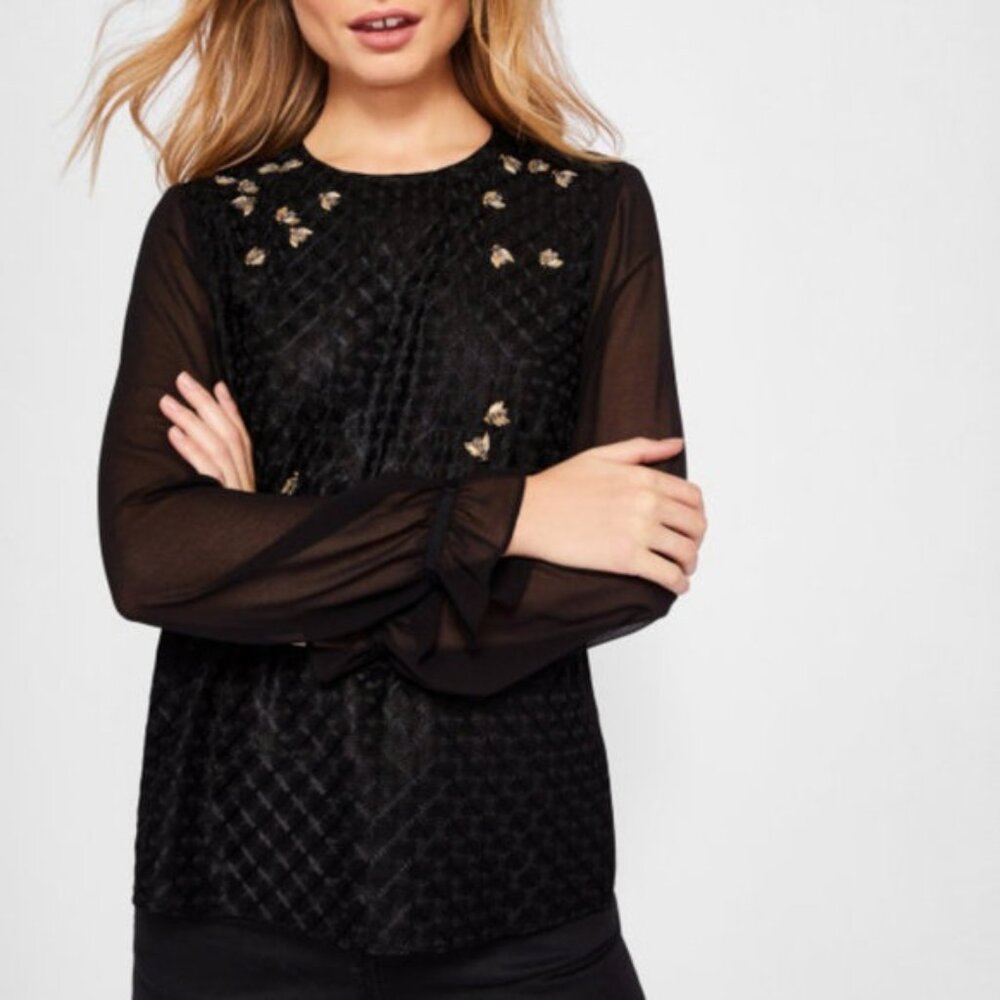 Ted Baker London Black Sheer-Sleeve Quilted Blouse with Gold Embellishment
